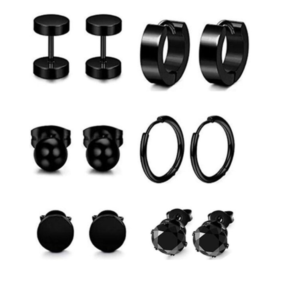 6 Pairs Womens Mens Stainless Steel Black Earrings